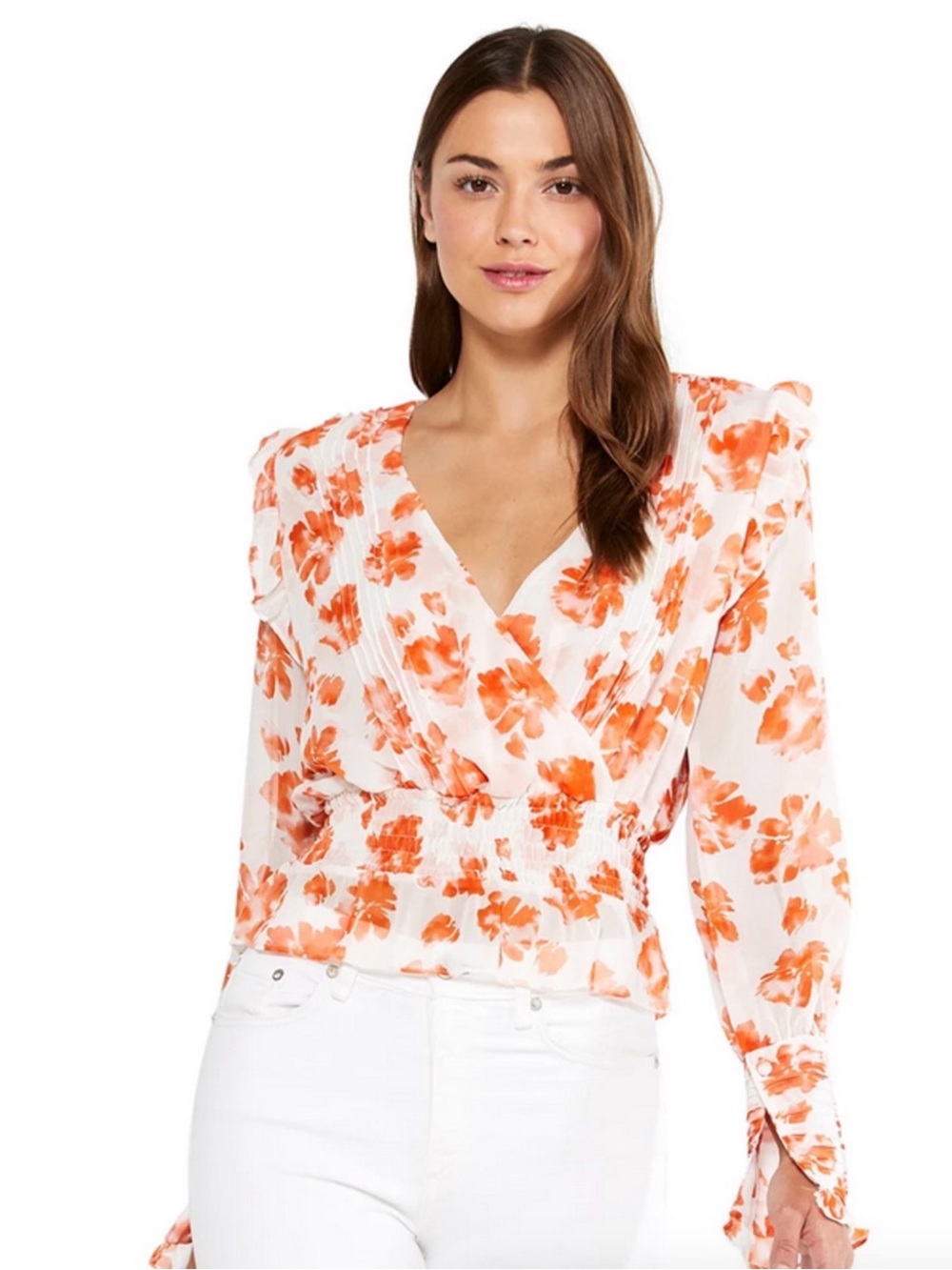 MISA Los Angeles Nina Floral Smocked Blouse XS Orange White Ruffle Sleeve Top